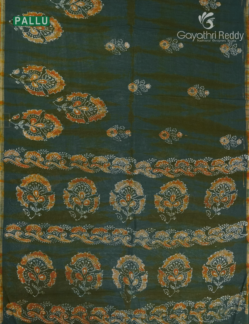 Cotton Batik Print Saree in Deep Peacock Green