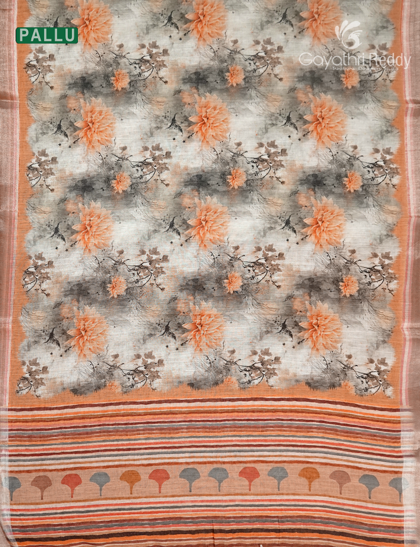 Linen Silk Saree in Cream and Rust Orange
