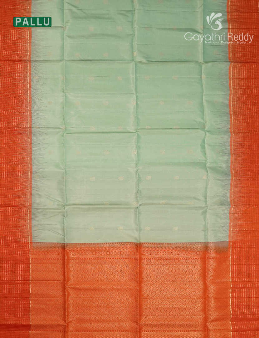 Pure Kanchipuram Vintage Silk Saree in Mint Green and Orange