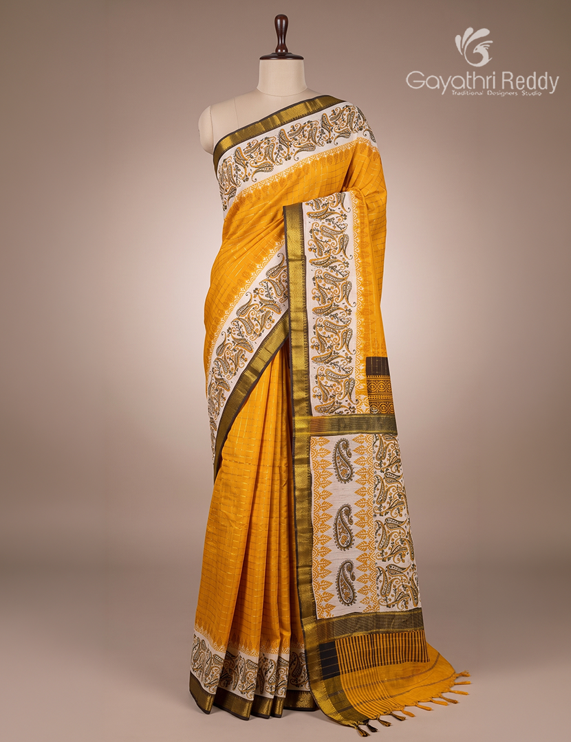 Mangalgiri Kalamkari Saree in Mustard