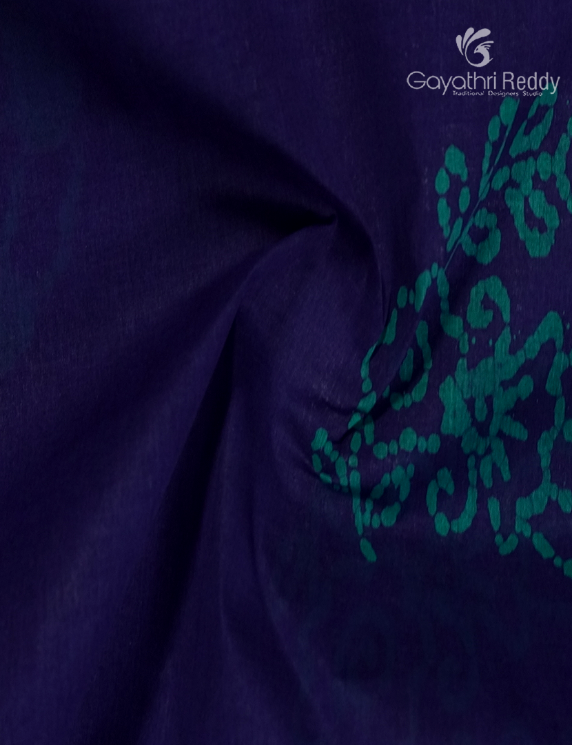 Cotton Batik Print Saree in Deep Blue and Sea Green