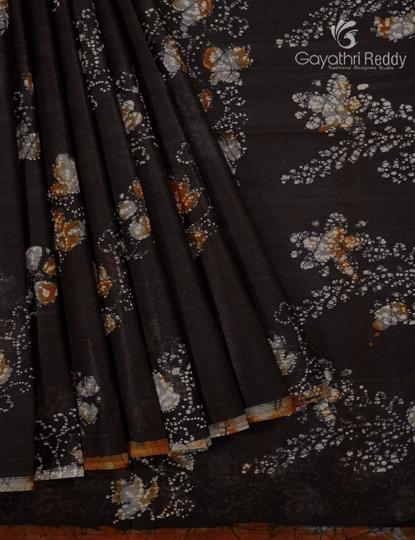Cotton Batik Print Saree in Black