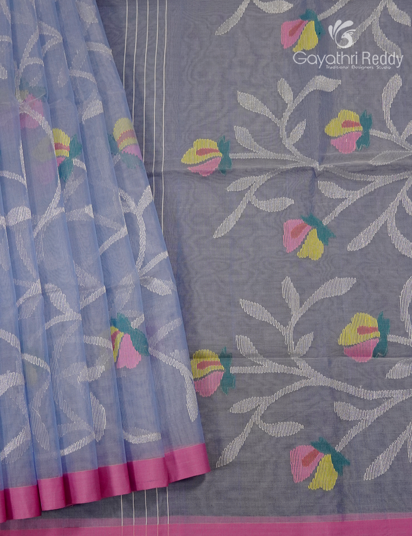 Pure Jamdani Kora Saree in Powder Blue
