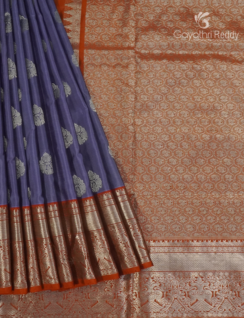 Pure Venkatagiri Silk Saree in Denim Blue and Deep Rust