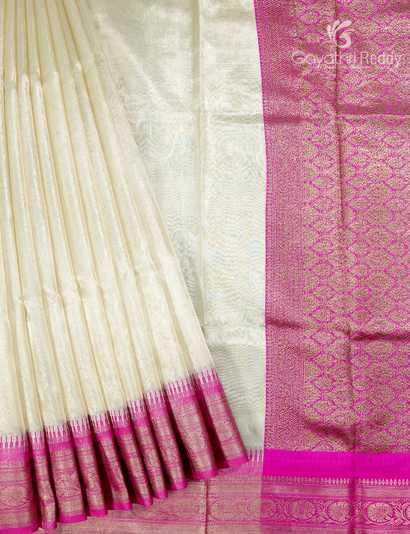 Semi Tissue Gadwal Saree in Cream and Hot Pink