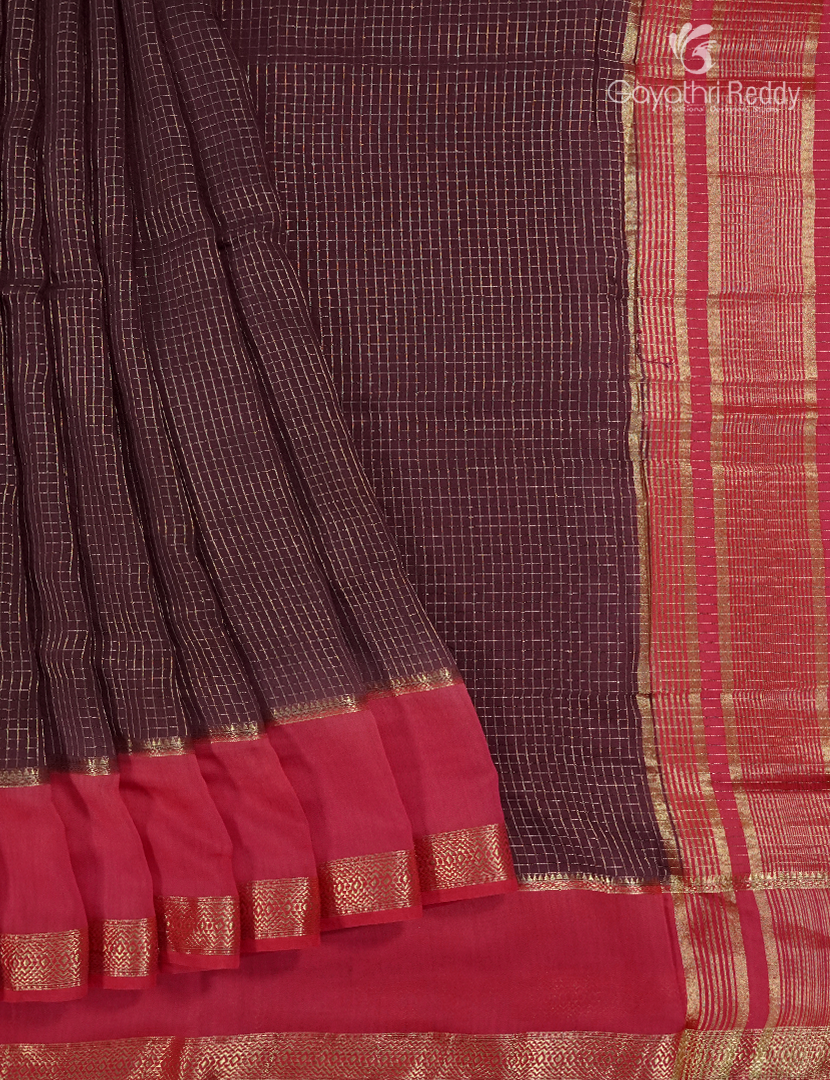 Semi Mysore Crepe Saree in Brown and Ruby Pink