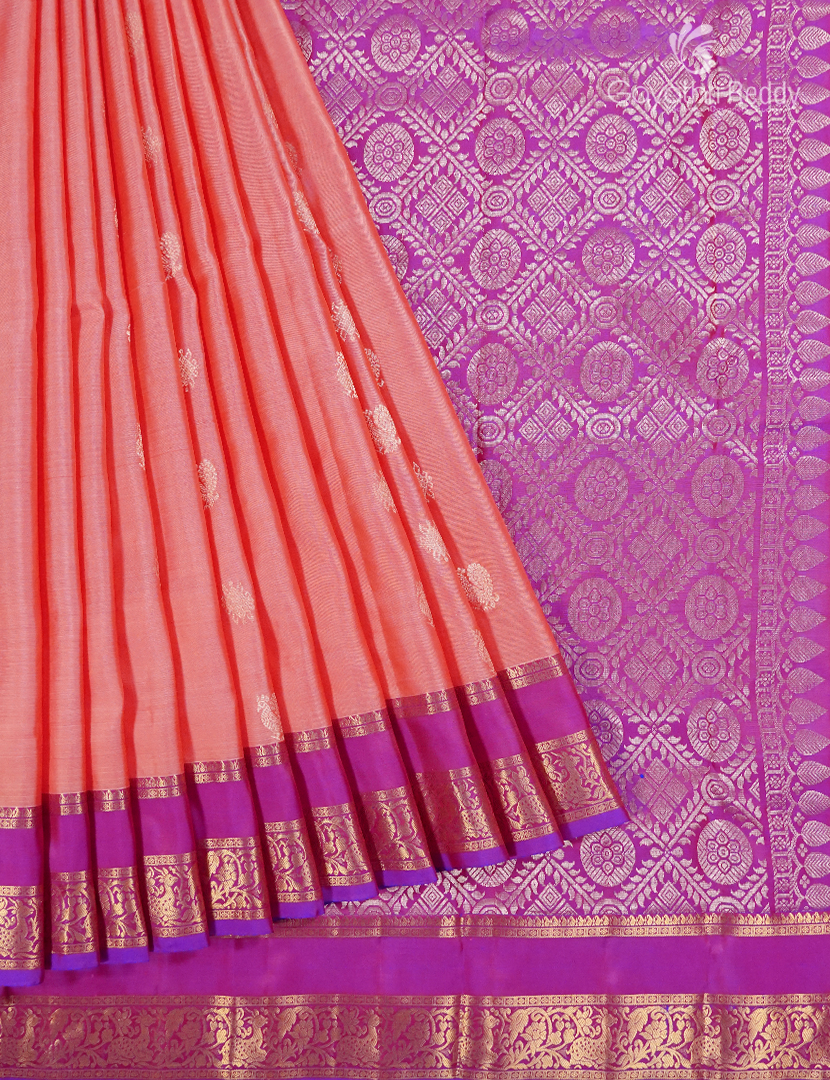 Pure Kanchipuram Silk Saree in Peach and Magenta