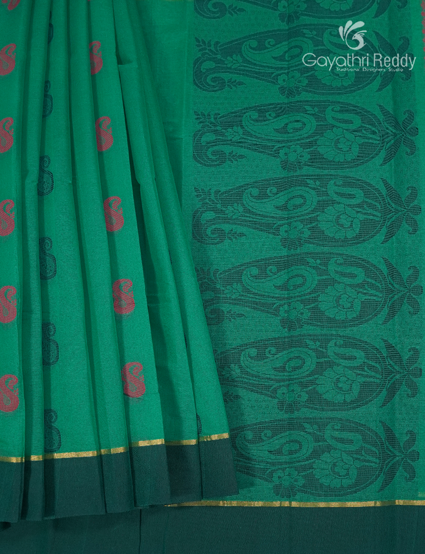 Pure Kanchi Cotton Saree in Deep Rama Green