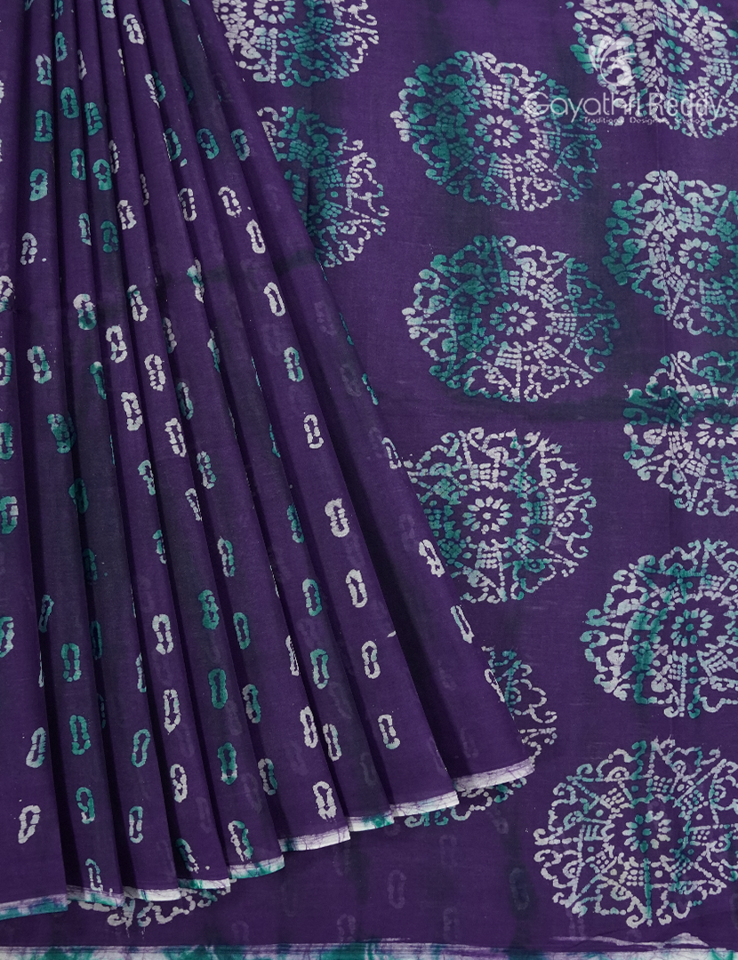 Cotton Batik Print Saree in Deep Violet