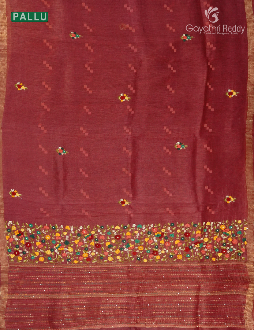 Pure Linen Saree in Deep Rust Red