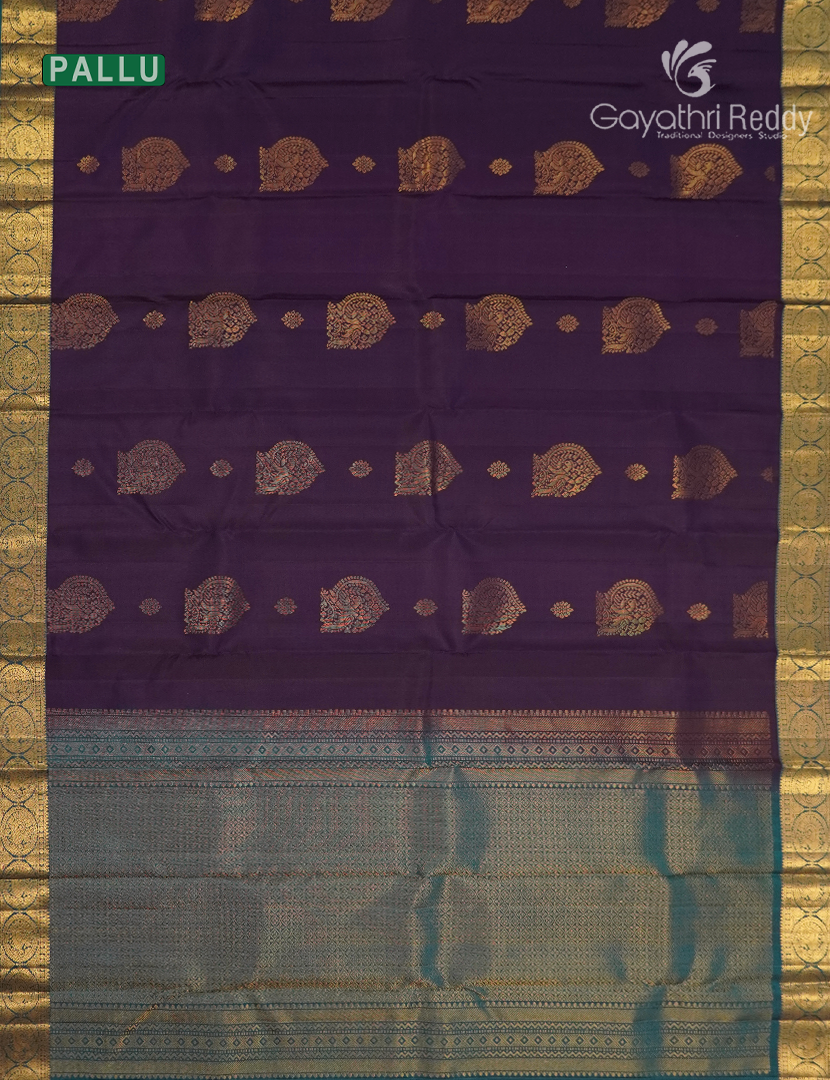 Pure Kanchipuram Silk Saree in Deep Purple and Deep Rama Green