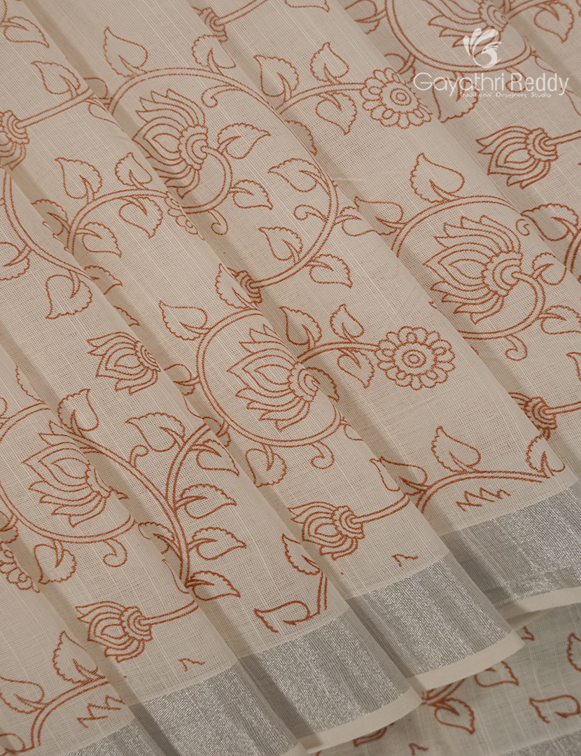 Pure Kanchi Cotton Printed Saree Ivory