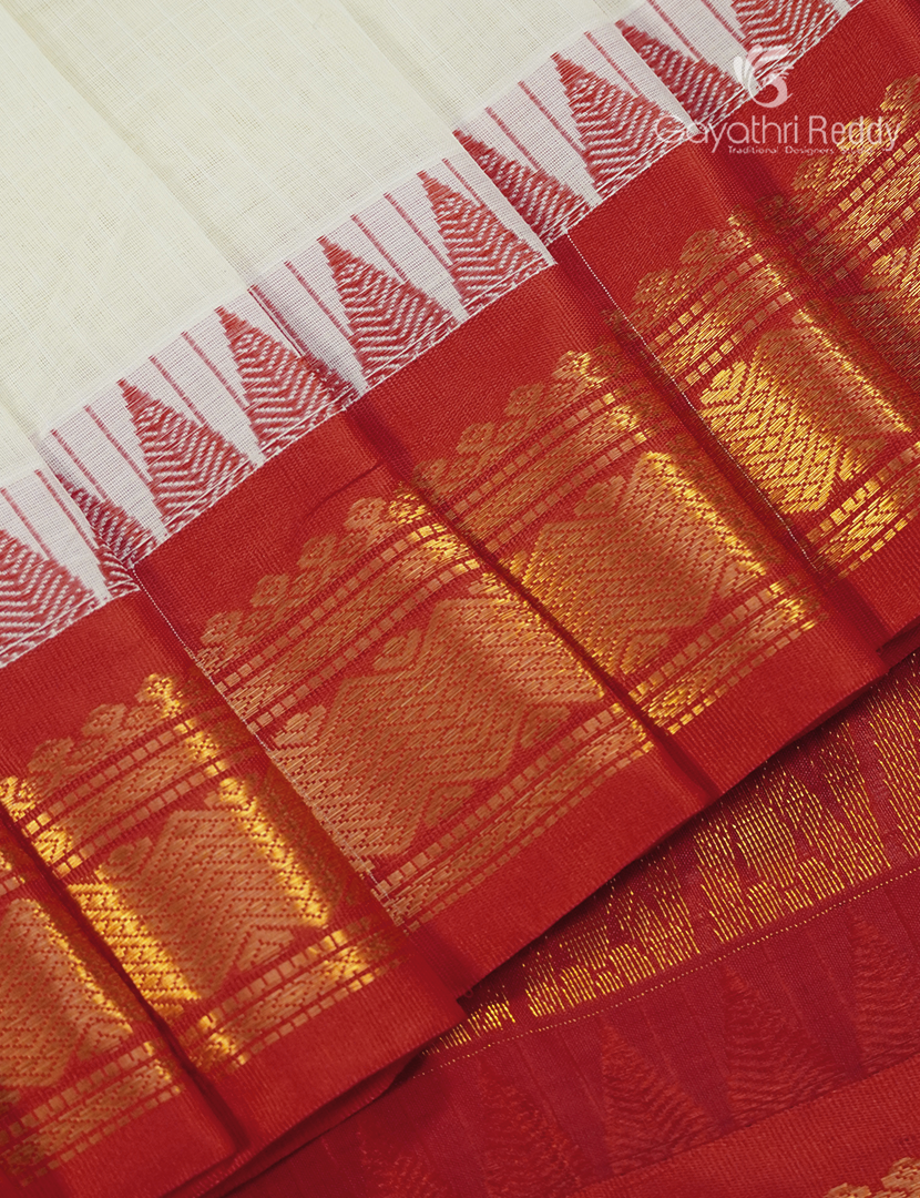 Pure Gadwal Cotton Saree in Cream and Bridal Red
