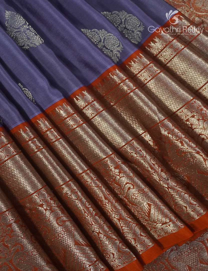 Pure Venkatagiri Silk Saree in Denim Blue and Deep Rust