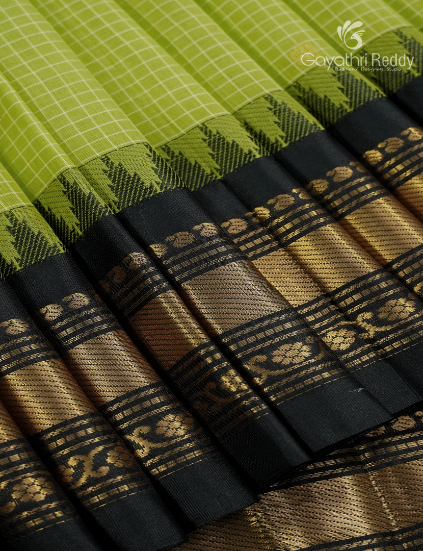 Pure Gadwal Cotton Saree in Apple Green and Black
