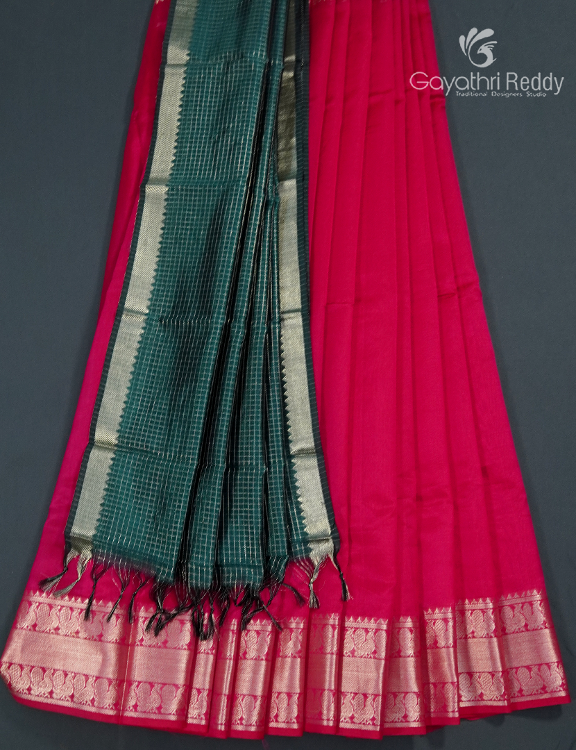 Pure Mangalagiri Langa Voni Set in Pink and Bottle Green