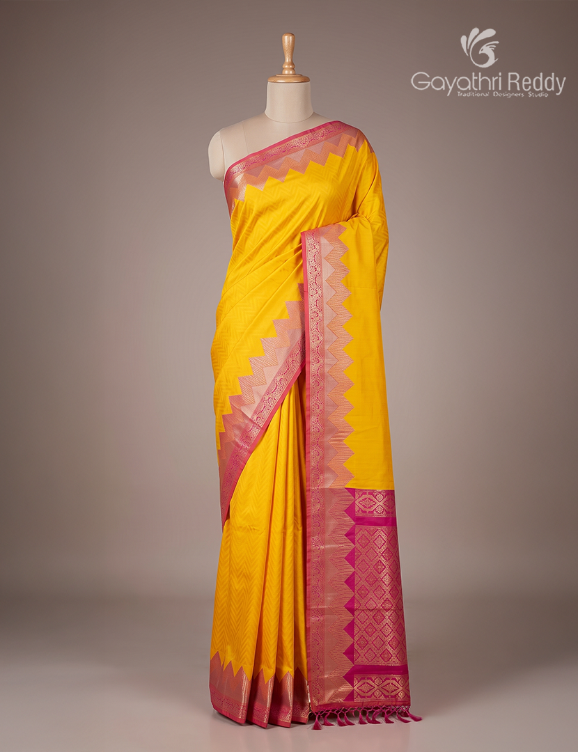 Semi Kanchipuran Silk Saree in Yellow and Rani Pink