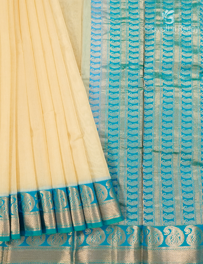 Pure Kanchi Sico Saree in Cream and Sea Blue