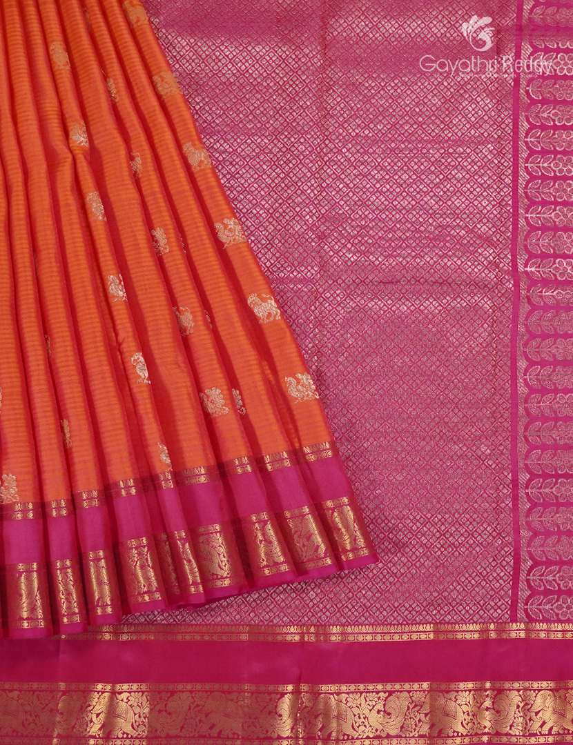 Pure Kanchipuram Silk Saree in Orange and Rani Pink