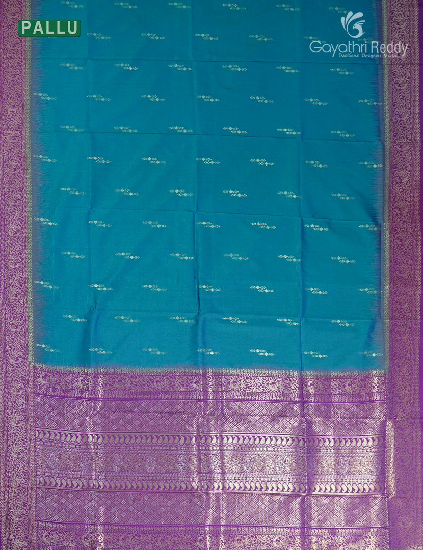 Semi Kanchipuran Silk Saree in Deep Peacock Blue and Purple
