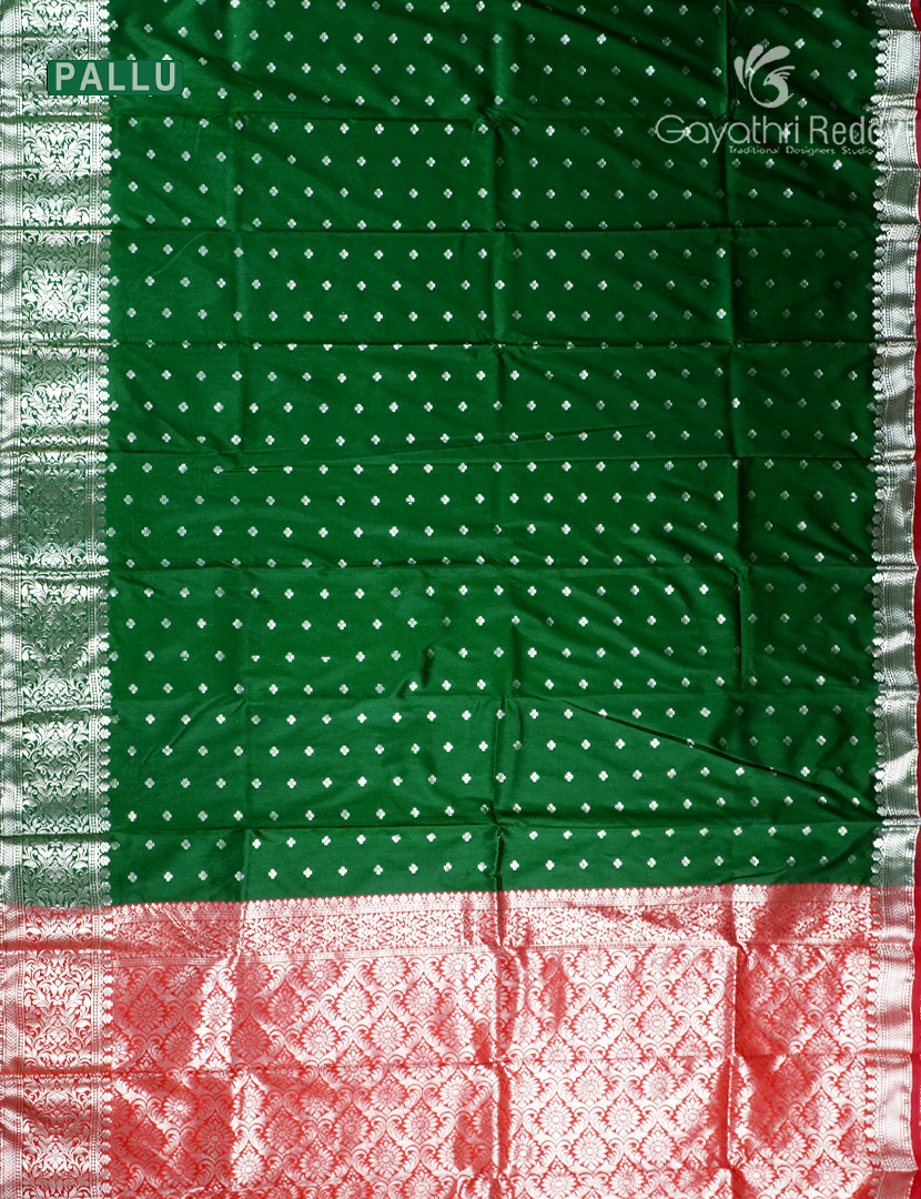 Semi Banaras Katan Silk Saree in Bottel Green and Orange Re