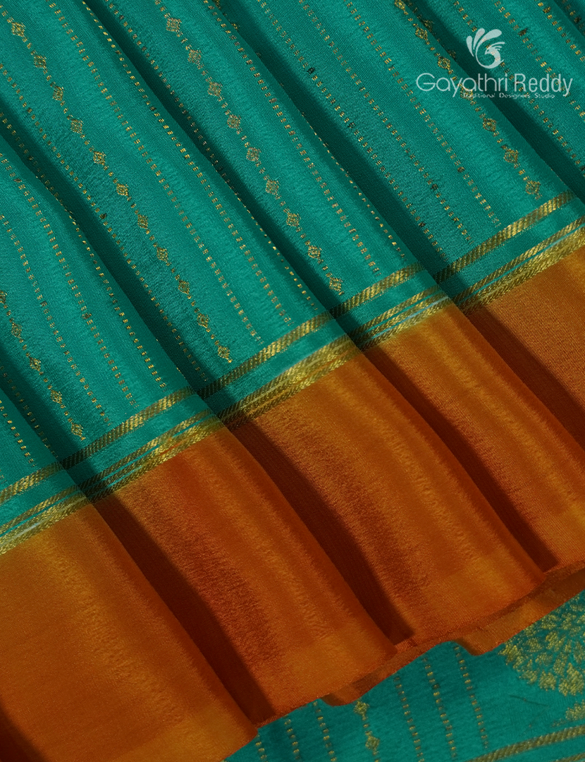 Pure Mysore Silk Saree in Sea Green and Rust Orange