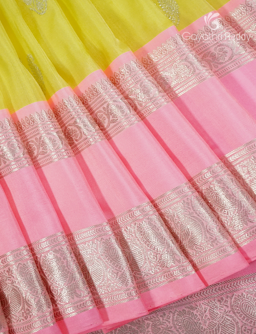Pure Venkatagiri Silk Saree in Lime Yellow and Pastel Pink