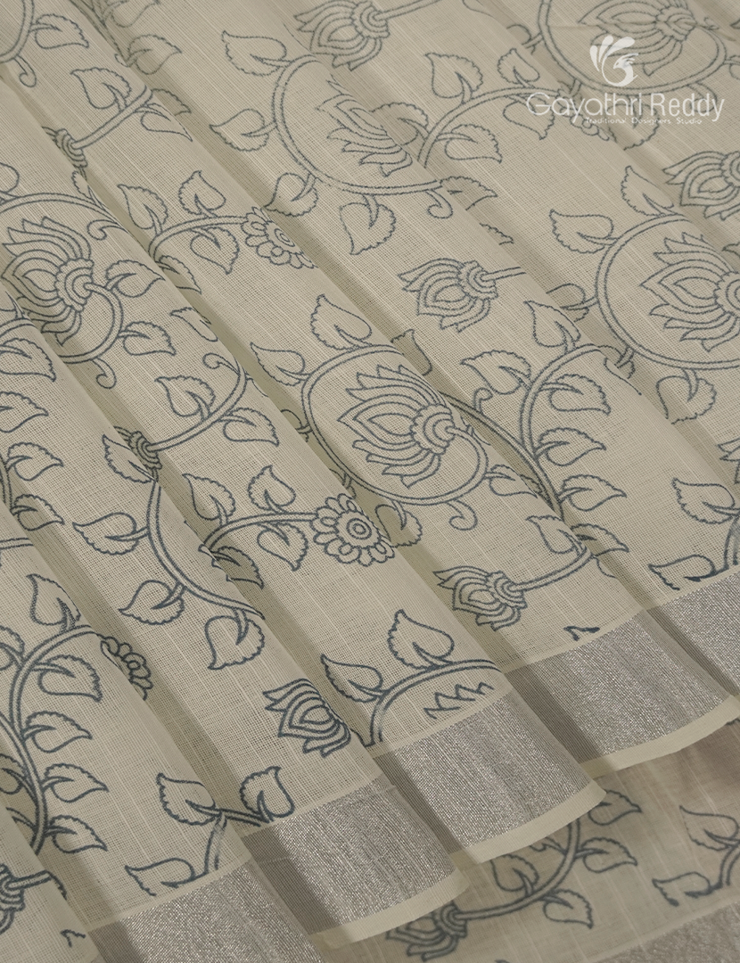 Pure Kanchi Cotton Printed Saree in Ivory and Peach