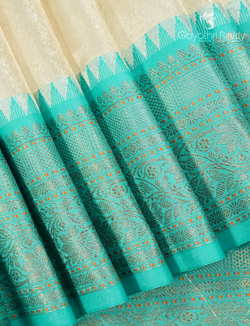 Semi Tissue Gadwal Saree in Cream and Sea Blue