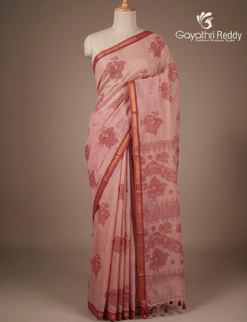 Premium Quality Cotton Kota Saree in Light Onion Peach and Deep Red