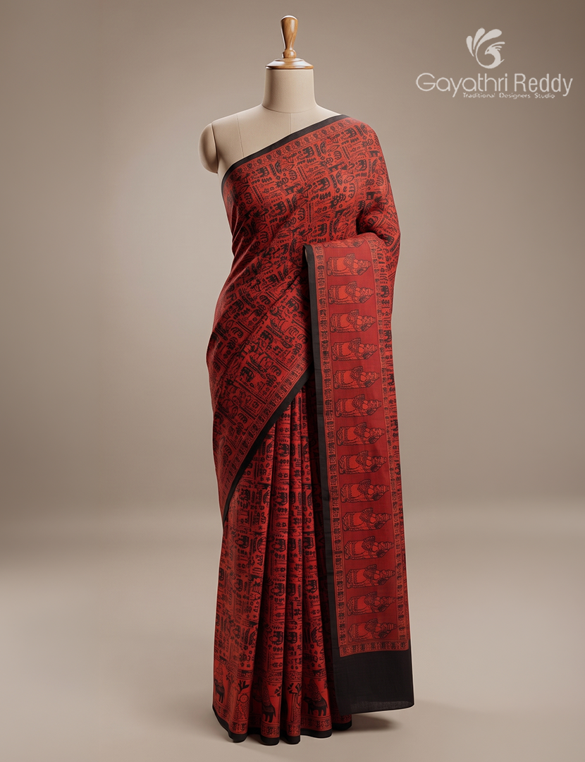 Pure MulMul Cotton Saree in Deep Red and Black