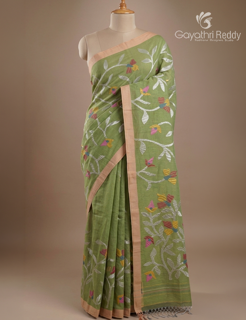 Pure Jamdani Kora Saree In Pista Green