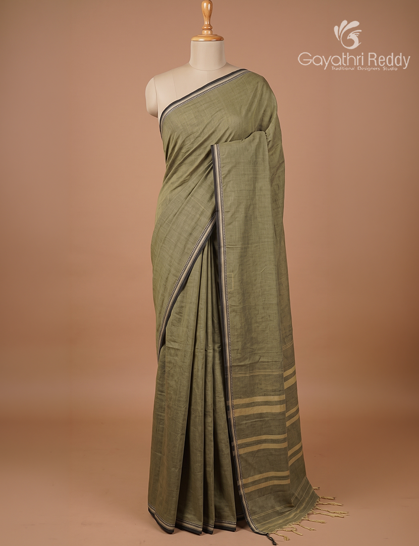 Pure Narayanpet Cotton Saree in Olive Green