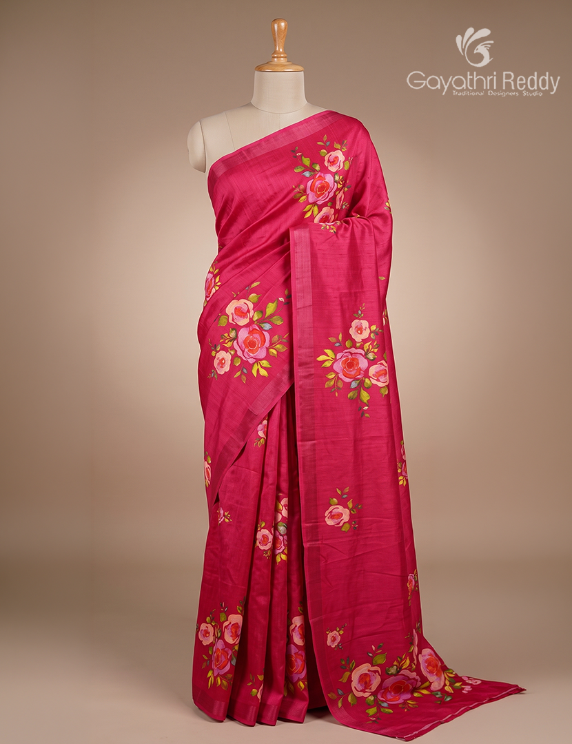Berry Silk Printed Saree in Rani Pink