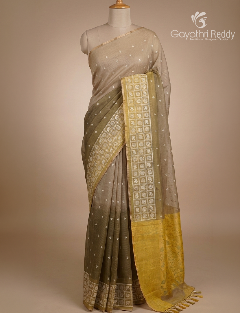 Silk Kota Saree in Grey and Mustard