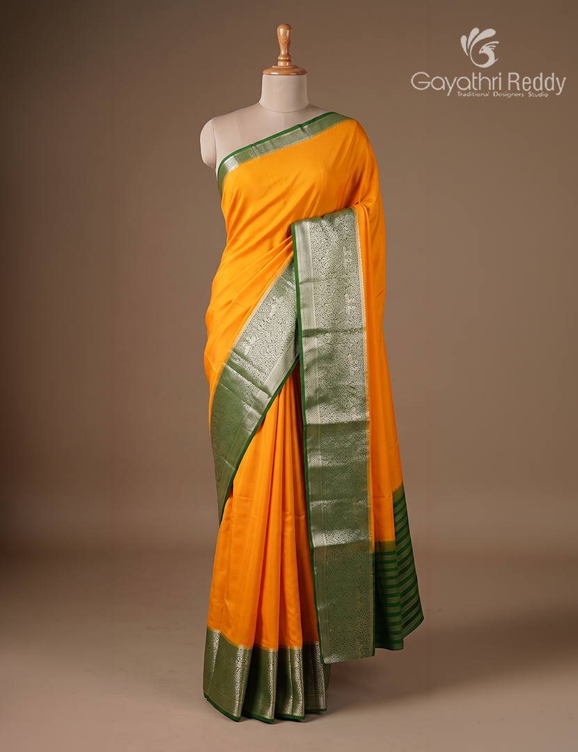 Semi Mysore Crepe in Turmeric and Bottle Green