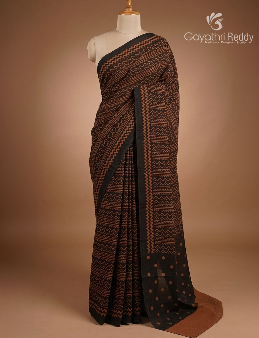 Pure MulMul Cotton Saree in Black and Mustard