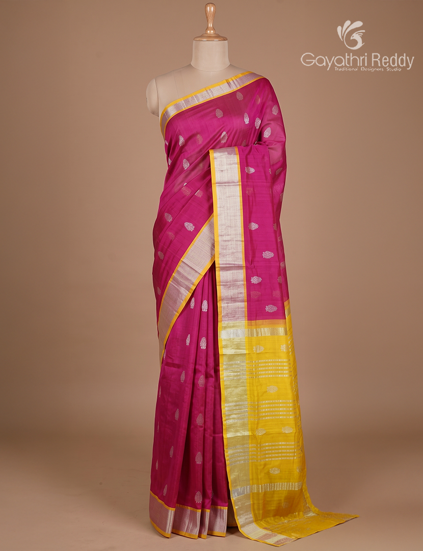 Pure Arani Sico Saree in Hot Pink and Yellow