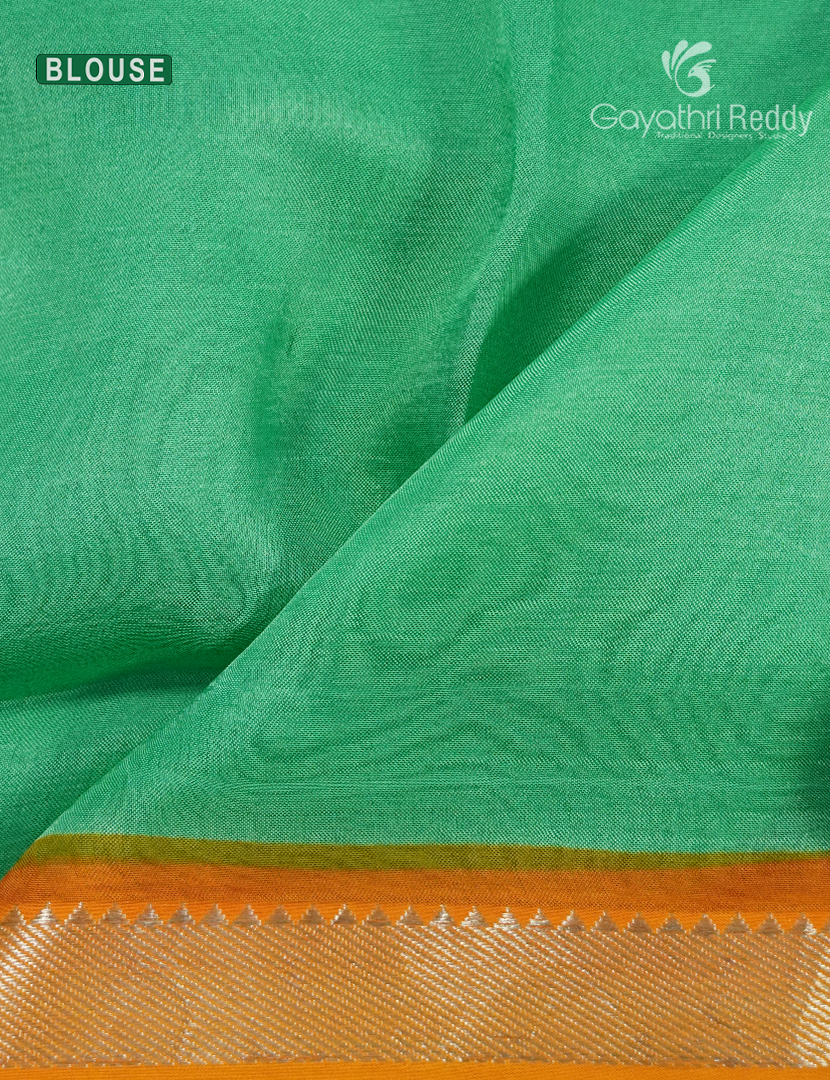 Mangalagiri Pattu Saree in Orange and Sea Foam Green