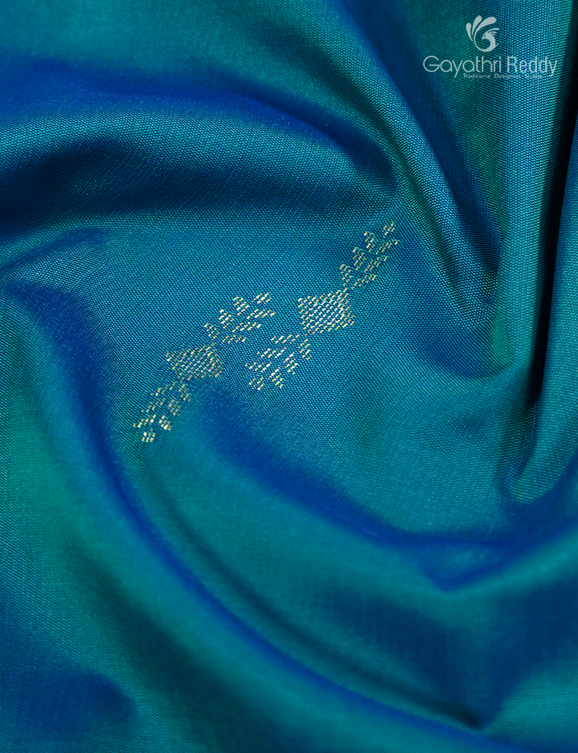 Semi Kanchipuran Silk Saree in Deep Peacock Blue and Purple