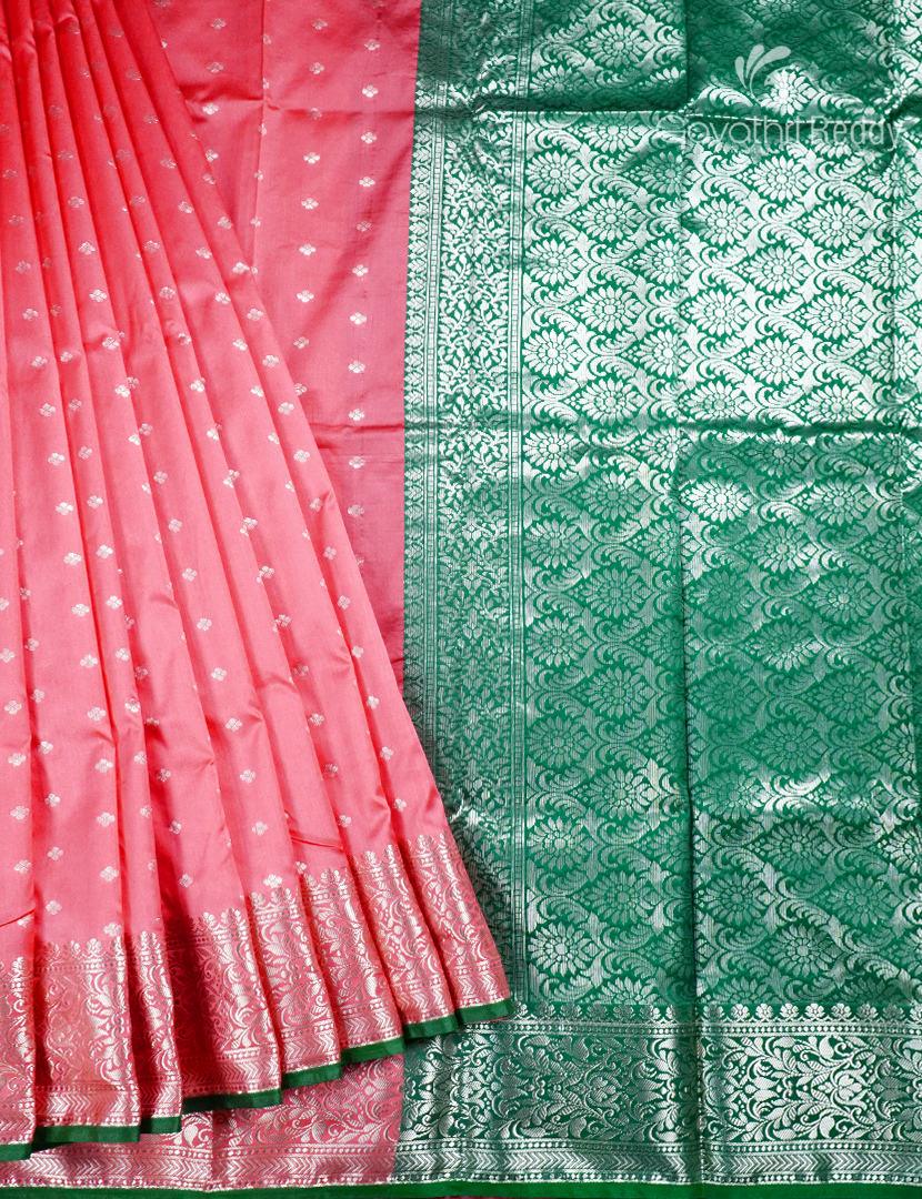 Semi Banaras Katan Silk Saree in Peach and Green