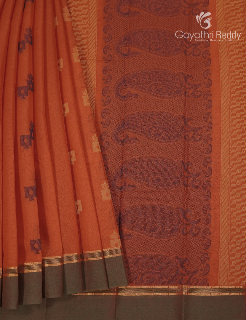 Pure Kanchi Cotton Saree in Rust Orange