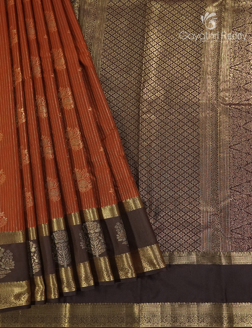 Semi Kanchipuram Silk Saree in Rust Orange and Deep Brown