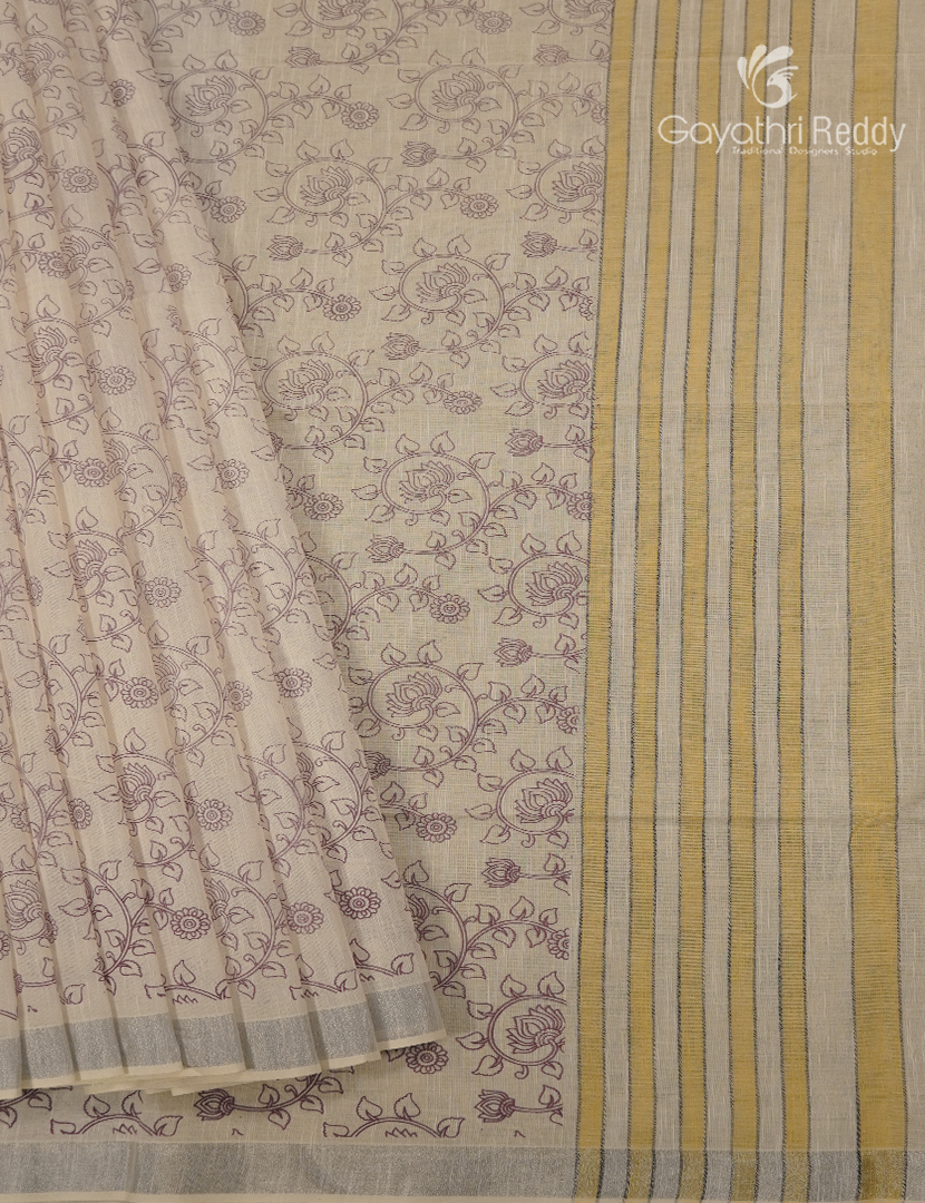 Pure Kanchi Cotton Printed Saree in Ivory and Mustard