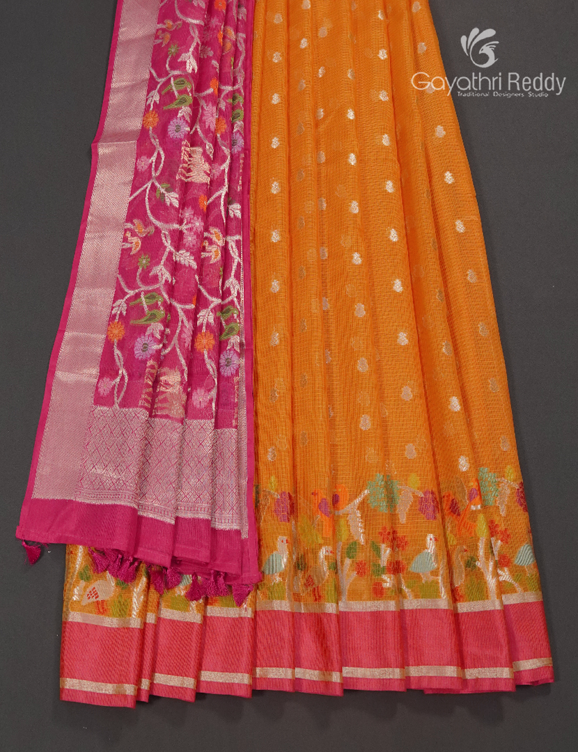 Banaras Kota Lehanga Set in Orange and Rani Pink