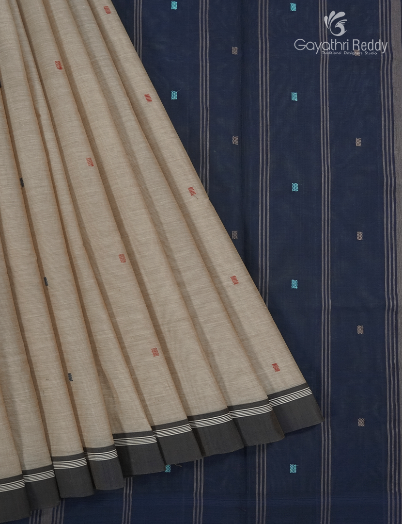 Pure Kanchi Cotton Saree in Beige and Navy Blue