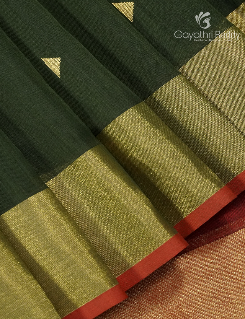 Pure Chanderi Sico Saree in Deep Olive Green and Deep Red