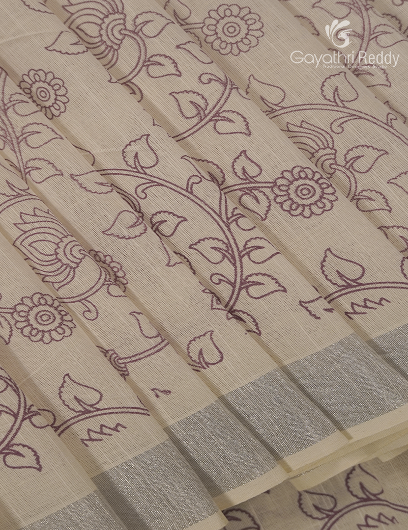 Pure Kanchi Cotton Printed Saree in Ivory and Mustard