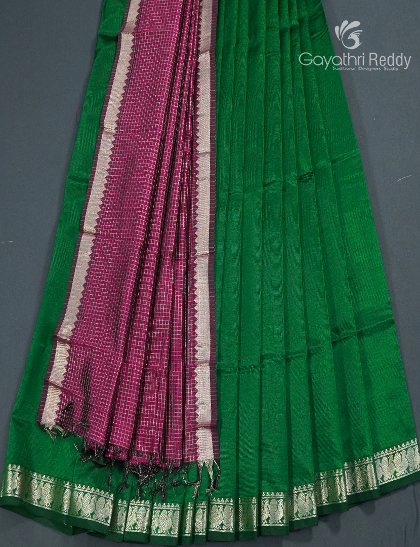 Pure Mangalagiri Langa Voni Set in Green and Wine