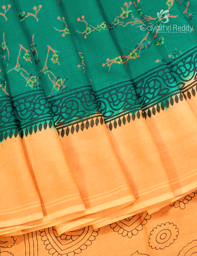 Pure MulMul Cotton Saree in Deep Rama Green and Saffron Yellow
